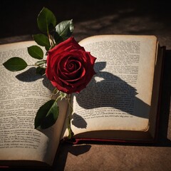 A red rose on an open book with its shadow forming a heart.