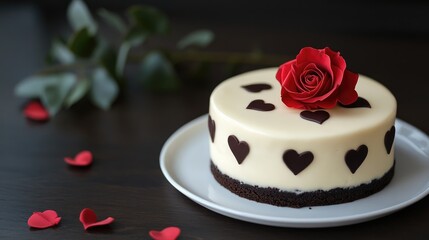 A minimalist white cake with dark chocolate icing and subtle heart motifs, complemented by a single red rose