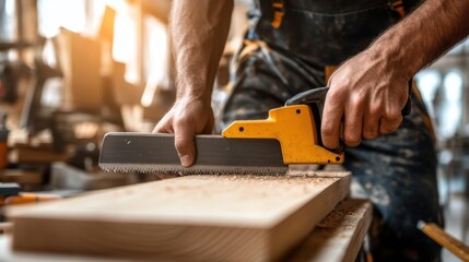 A craftsman uses a handsaw to cut a wooden plank in a well-lit workshop, showcasing woodworking skills and tools.
