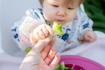 Little baby grabbing food from mother's hand. Baby touching food. Introducing solids to baby concept. Baby-led weaning concept