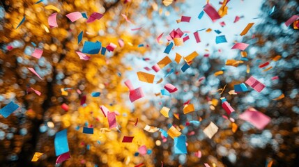 Celebration Confetti Burst: A vibrant explosion of colorful confetti against a blurred autumnal backdrop, capturing the joyous energy of a festive moment.