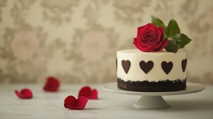 Naklejka premium A minimalist white cake with dark chocolate icing and subtle heart motifs, complemented by a single red rose