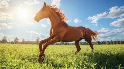 Obraz premium Chestnut horse galloping in sunny field.