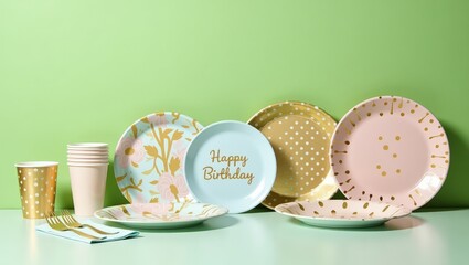 Elegant birthday tableware featuring pastel colors and gold accents, perfect for a sophisticated celebration, conveys a joyful and stylish atmosphere - Ideal for birthday parties, social media posts, 