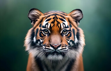 Fototapeta premium Portrait of a tiger in the zoo with striking stripes and a fierce expression, showcasing its wild, dangerous nature