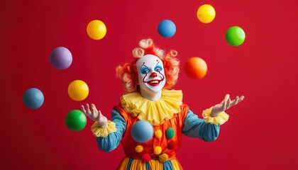 A cheerful clown juggles a rainbow of colorful balls against a vibrant red backdrop, showcasing a playful and whimsical moment of circus entertainment,