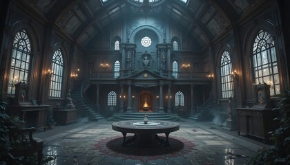 Dark grand hall interior with gothic architecture featuring ornate windows spiral staircase and a central round table with moody lighting and aged decor