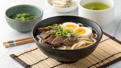 Minimalist Japanese Gyu Niku Udon Soup with Egg and Green Onions