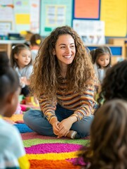 A joyful teacher with curly hair smiles during storytime, surrounded by her young students sitting on a colorful rug in a bright classroom,