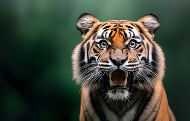 Fototapeta premium Portrait of a tiger in the zoo with striking stripes and a fierce expression, showcasing its wild, dangerous nature