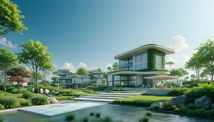 Modern Luxury Real Estate Development with Green Roofs Landscaped Gardens and a Swimming Pool on a Clear Sunny Day