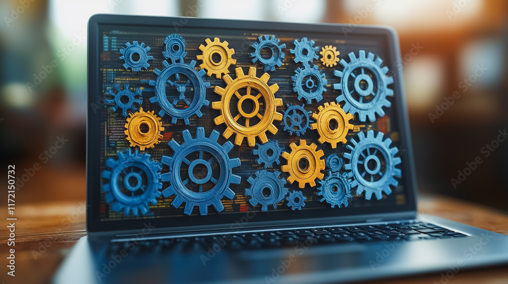 Poster laptop screen gears: a close-up shot of a laptop displaying a multitude of intricately designed gear