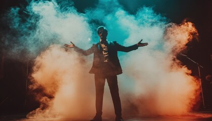 A Performer's Embrace, Bathed in Colorful Smoke, A Silhouette Emerges in Dramatic Light, Commanding the Stage with Open Arms and an Air of Mysterious Charisma