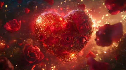 A glossy red heart with intricate gold patterns surrounded by roses, glowing petals, and shimmering particles