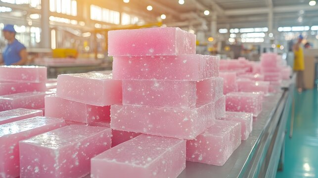 Bright and Vibrant Pink Soap Blocks Stacked in a Modern Manufacturing Facility with Workers in Background