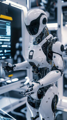A futuristic robotics development center with humanoid robots performing tasks, engineers programming AI, and sleek, high-tech labs filled with holographic interfaces and advanced robotic prototypes.