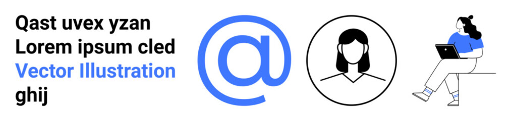 At symbol, woman face icon, person with laptop sitting. Ideal for email communication, networking, technology, avatars, remote work, online learning, social media. Landing page