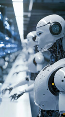 Fototapeta premium A futuristic robotics development center with humanoid robots performing tasks, engineers programming AI, and sleek, high-tech labs filled with holographic interfaces and advanced robotic prototypes.