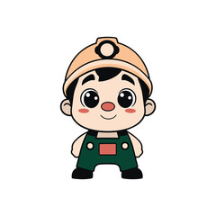 Cute Cartoon Mechanic Apprentice in Orange Helmet and Green Overalls - Adorable Vector Illustration