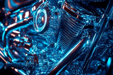 Close-up view of a motorcycle engine, highlighted with vibrant blue and orange neon lighting, showcasing intricate chrome details and mechanical parts.