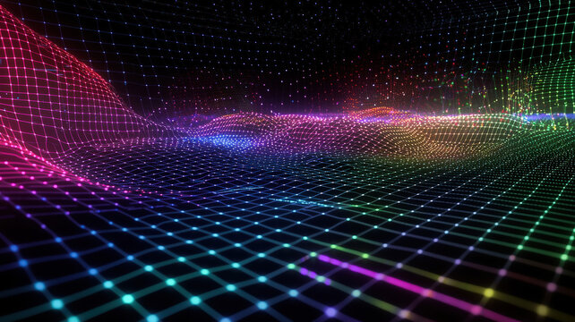 A futuristic scatter plot with glowing, colorful dots floating on a dark holographic grid, connected by intricate neon trails, creating a dynamic and visually striking data visualization.
