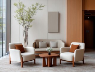 Modern minimalist living room with stylish furniture, soothing colors, and elegant decor for contemporary interior design projects