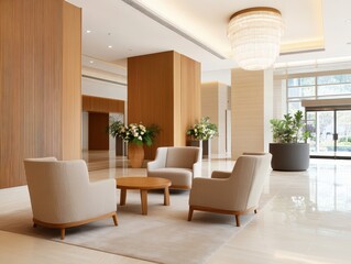 Elegant modern lobby with stylish armchairs, coffee table, warm lighting, and decorative plants in a contemporary building interior