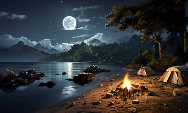A serene campsite by the moonlit shore, featuring tents, a glowing campfire, and a tranquil water view under a starry sky, inviting relaxation and connection with nature.
