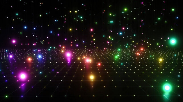 A futuristic scatter plot with glowing, colorful dots floating on a dark holographic grid, connected by intricate neon trails, creating a dynamic and visually striking data visualization.

