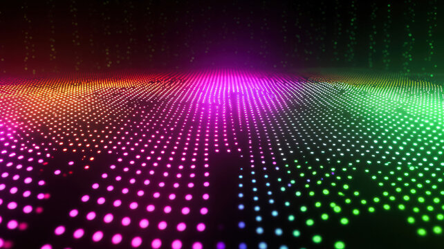 A futuristic scatter plot with glowing, colorful dots floating on a dark holographic grid, connected by intricate neon trails, creating a dynamic and visually striking data visualization.
