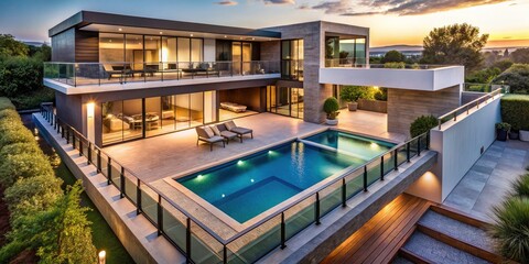 Fototapeta premium Modern luxury home's pool and second-floor balcony captured in breathtaking aerial drone photography.