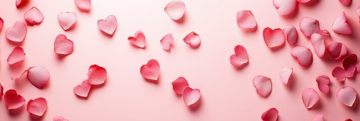 A soft pink background adorned with delicate rose petals, creating a romantic and enchanting atmosphere perfect for Valentine's Day celebrations.