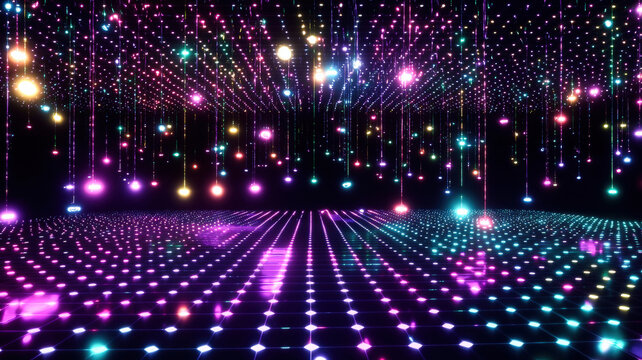 A futuristic scatter plot with glowing, colorful dots floating on a dark holographic grid, connected by intricate neon trails, creating a dynamic and visually striking data visualization.
