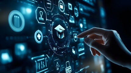 Digital Education Concept with Hand Touching Online Learning Icon on Futuristic Background of Tech and Knowledge Symbols