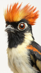 Close-up of a colorful bird with vibrant orange crest.