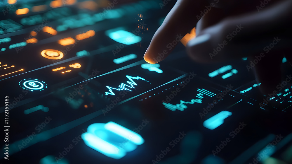 Poster modern user interface with touchscreen technology and data visualization elements for innovative app