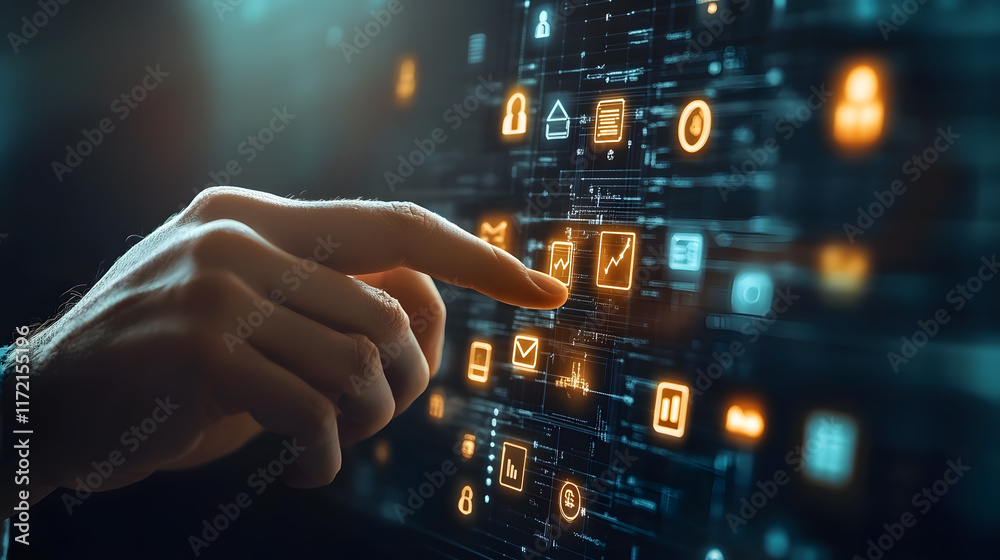 Poster hand interacting with digital interface showing various technology icons and data symbols in a futur