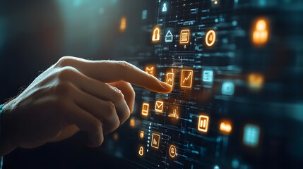 Hand Interacting with Digital Interface Showing Various Technology Icons and Data Symbols in a Futuristic Environment