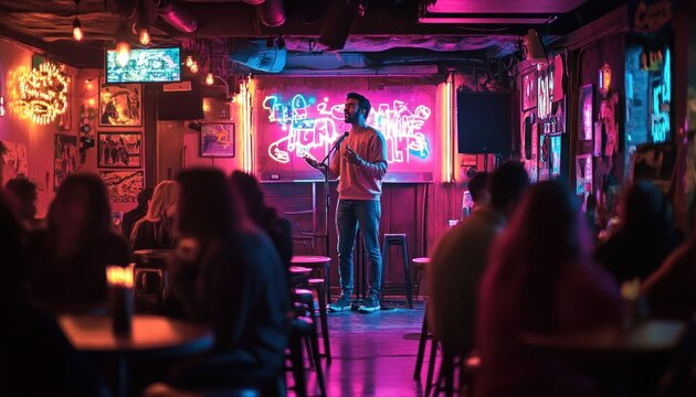 Stand-up comedian delivers performance under vibrant neon lights, in a dimly lit venue full of an engaged audience and a lively ambiance
