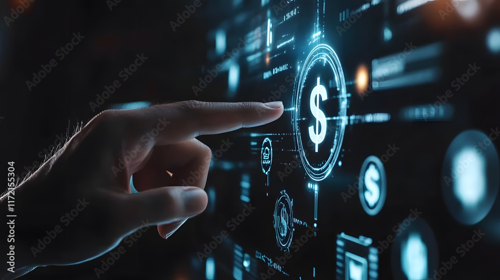 Poster hand interacting with digital interface displaying financial data and currency symbols, representing