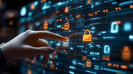 Hand Interacting with High-Tech Digital Interface Featuring Security Icons, Data, and Virtual Elements in Blue and Orange Tones