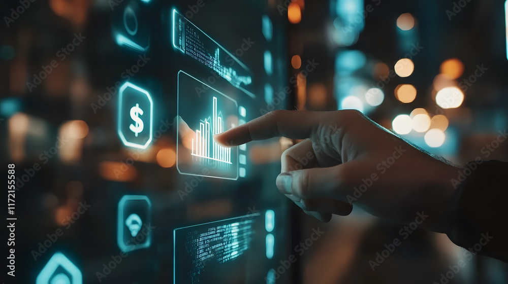 Poster hand touching digital screen displaying financial graphs and data visualizations with blurred backgr