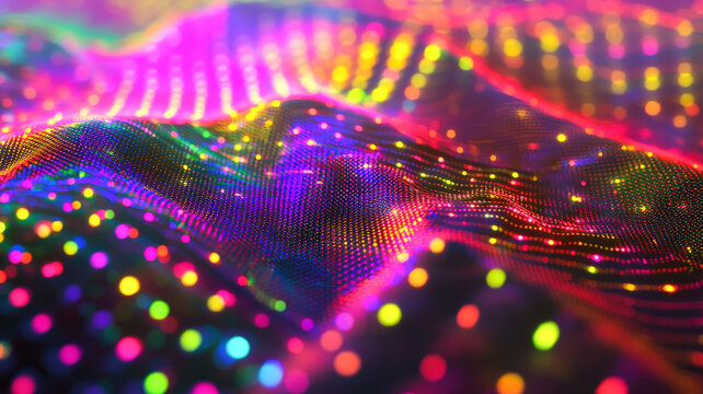 A futuristic scatter plot with glowing data points in vibrant colors, overlaid on a textured reflective background with holographic accents, creating a sleek and high-tech data visualization.