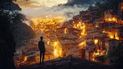 A silhouette overlooks a glowing village nestled in mountains.
