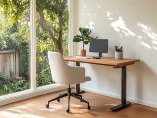 Cozy and Modern Home Office Setup Featuring Desk, Chair, Plant, and Bright Natural Light from Large Windows