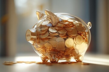 Glass piggy bank filled with coins