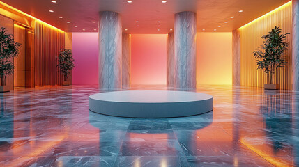 Empty round podium in elegant lobby with colorful gradient backdrop