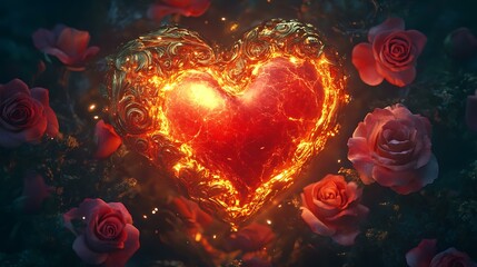 A hyper-realistic red heart glowing with gold patterns, encircled by blooming roses and vibrant petals