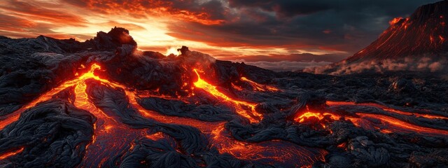 A surreal image of a volcanic eruption at sunrise, with lava flows glowing against a dark volcanic landscape, Sunrise eruption scene