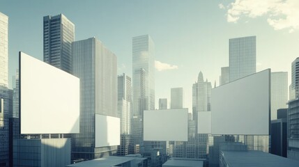 Naklejka premium A D-rendered cityscape with blank advertisement spaces on buildings.